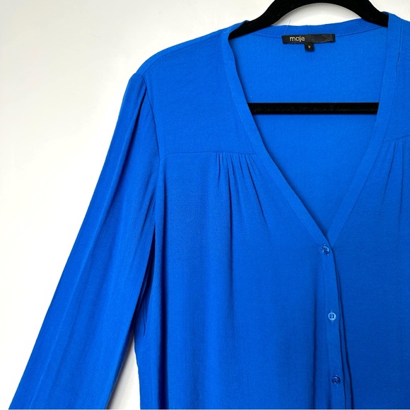 Maje Flowy Cobalt Blue Long Sleeve Button Down V-Neck Blouse - Picture 3 of 10